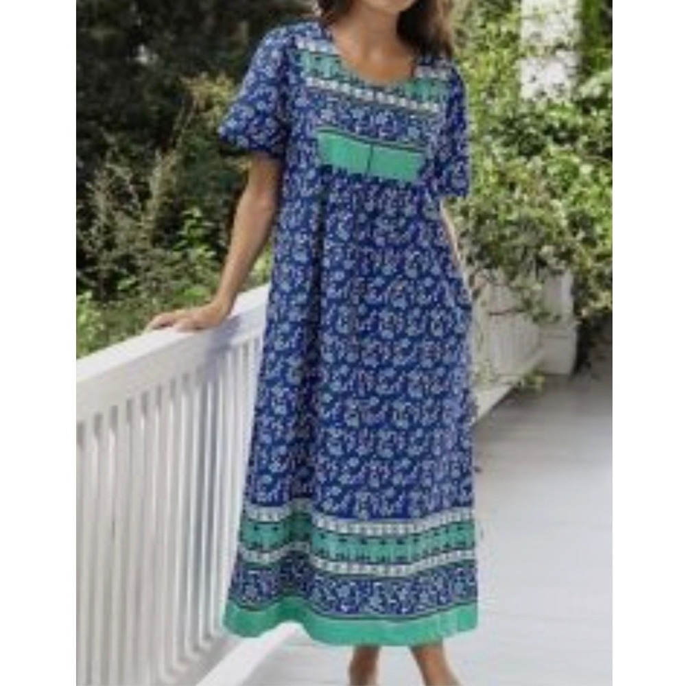 National Floral Zip Front Blue Green Floral Mumu Kaftan Lounger Maxi Dress Sz 1X